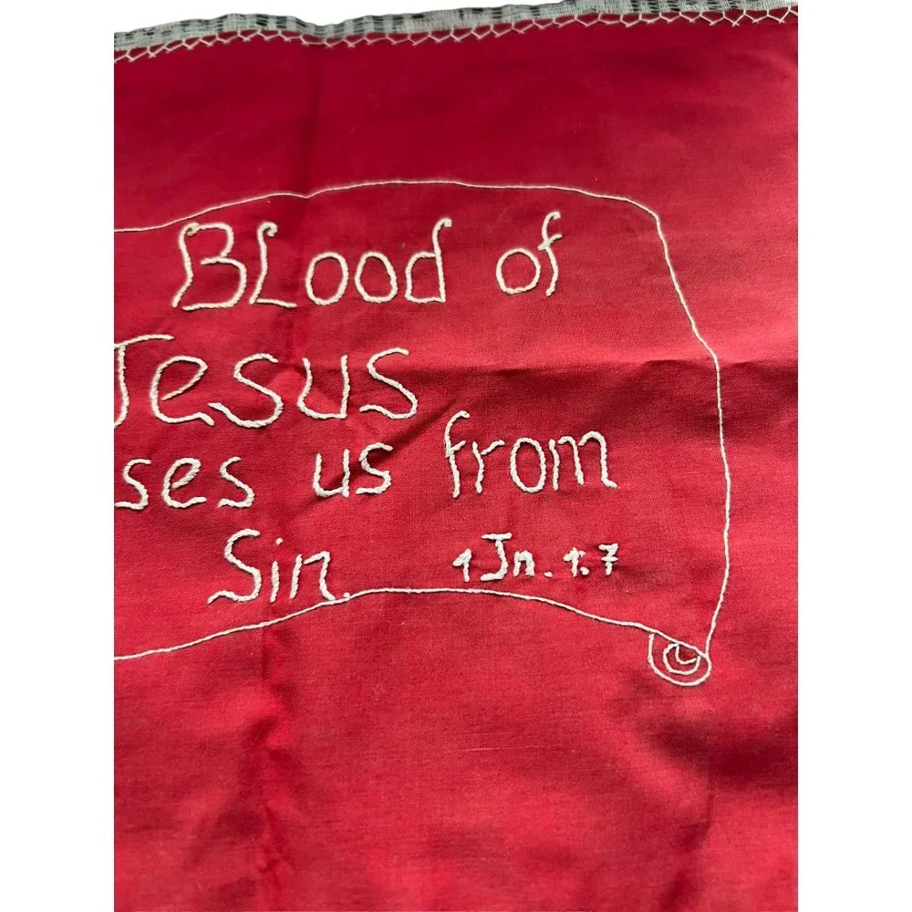 Vintage Hand Stitched Wall Hanging Blood of Jesus Cleanses Sin 1 Jn 1:7 Lace